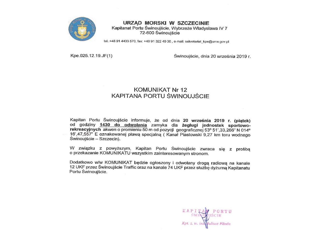  Komunikat Kapitana Portu w Świnoujściu